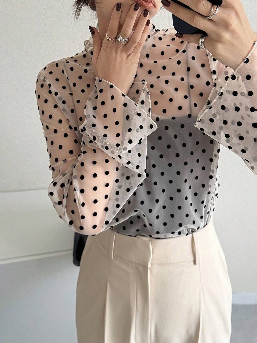 FRIFUL Blusa de mujer con estampado de lunares transparente y mangas acampanadas, primavera/verano - Rosa - Ver 1