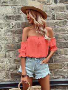 Breezaya Blusa de mujer con volantes, hombros descubiertos y nudo delantero, de unicolor, para vacaciones - Rosado Sandía - Ver 6