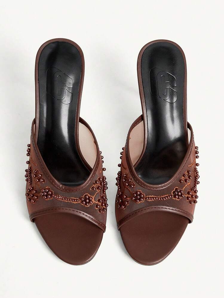 CUCCOO CHICEST Women Shoes Summer New Embroidery Beaded Round Toe Thin Heel High Heel Elegant Temperament Fashion Mesh Women's High Heel Sandals Dew Heel Slippers Elegant Temperament Fashion Wedding Valentine's Day Tea Elegant Wear