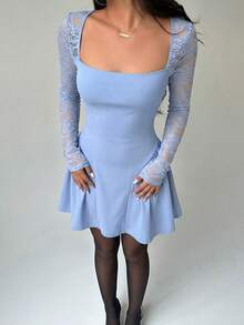 Aloruh Women's Solid Color Light Blue Lace Patchwork Umbrella Skirt - Baby Blue - View 3