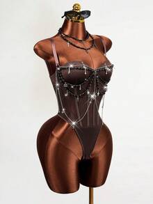 Mistrie Women's Spaghetti Strap Chain Decorated Bodysuit,Coffee Brown Goth Night Club Summer Outfits,Fitted Push Up Vintage Body Suit For Festival - Coffee Brown - View 3