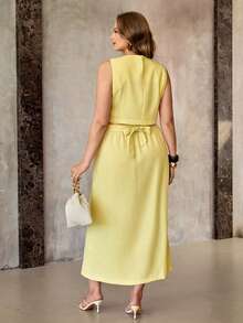 Roveilla Completo elegante da donna in stile lino-bambù con top senza maniche e gonna lunga, adatto per lavoro, casual, vacanza, tè pomeridiano, abito Filipiniana moderno color giallo pallido per eventi e occasioni speciali. Abito estivo coordinato elegante color limoncello per le donne. - Giallo chiaro - Visualizzare 2