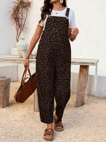 SHEIN Bộ áo liền quần bầu họa tiết da báo có túi và dây đeo điều chỉnh được - Lạc đà - Xem 4