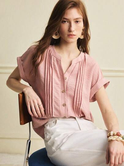 Écloséra French Retro Short Sleeve Shirt For Women, Minimalist Textured Cardigan Top, Pink, New Summer Blouse