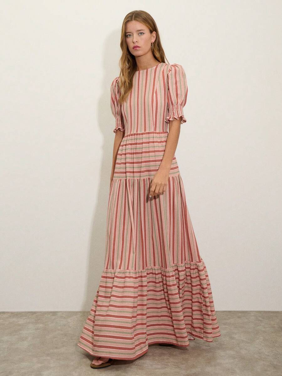 Nöista 女士条纹休闲简约度假中长连衣裙 - 藕粉色 - 查看 1