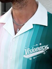 Manfinity Homme 男士字母印花单排扣粉色条纹短袖衬衫 - 粉色 - 查看 3