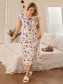 CottageSlumber Purple Floral Digital Print Round Neck Double-Layer Ruffle Trim Bow Tie Soft Comfortable Rib Knit Fabric Flare Sleeve Dress, Can Be Worn As Sleepwear - Purple - View 7