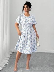 Elenzga Vestido de línea A de manga corta con cuello redondo y estampado floral, diseño de cintura elástica favorecedora, adecuado para el uso diario, salidas, fiestas y vacaciones, talla grande y elegante - Multicolor - Ver 3