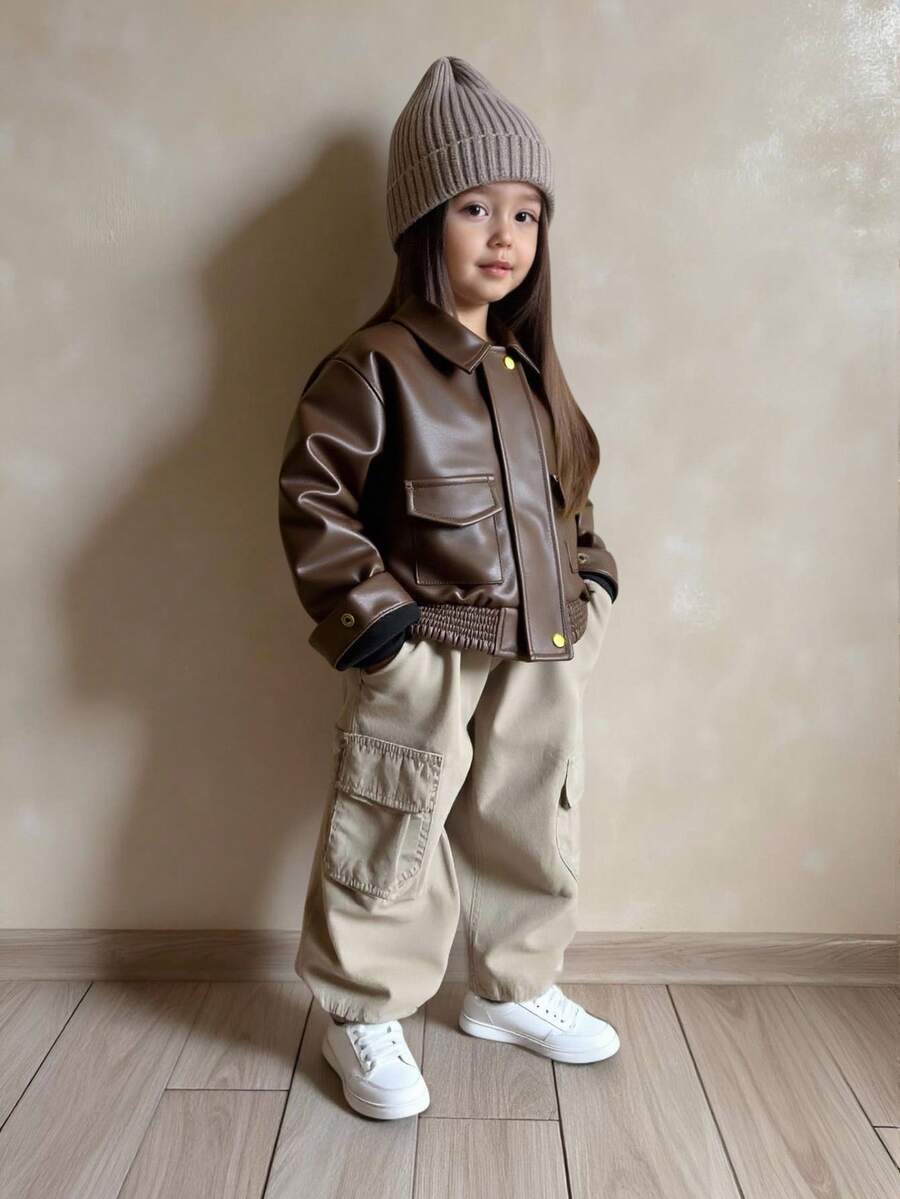 Genkimix Kids 年轻女孩宽松休闲夹克,时尚街头风格仿皮大衣 - 咖啡棕 - 查看 1