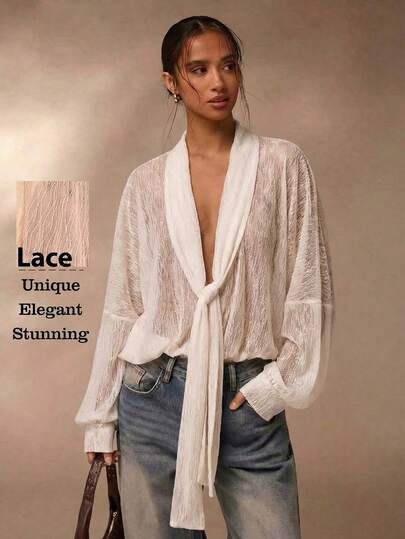SHEIN Glamour Women's Blouse, Transparent Lace Fabric Casual Blouse, V-Neck Long Sleeve Chiffon Blouse, Apricot Chiffon Flare Sleeve Long Sleeve Women's Blouse White Lace Tie Front Blouse With Puff Sleeves Modest Sheer Lace Draped Neck Blouse Elegant Draped Neck & Tie Front Silhouette Spring Break Boho Lace Outfit Premium Textured Lace Fabric Blouse Spring Break Boho Lace Outfit Easter Sunday Brunch Modest White Blouse Coachella Festival Boho Sheer Blouse Look Office Work Professional Lace Blouse  Draped Shaw