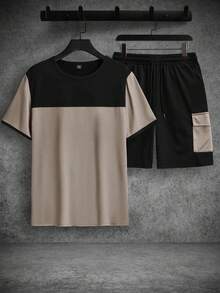 Manfinity Homme Men's Color Block Round Neck Short Sleeve T-Shirt And Pocket Shorts Casual Daily Outfit - Multicolor - View 3