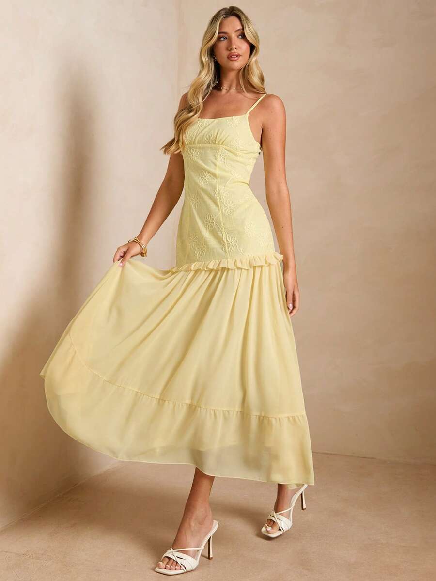 Enchnt Đầm hai dây nữ mùa hè kiểu dáng thường ngày, màu trơn, chất liệu jacquard, dáng suông. - Butter Yellow - Xem 1
