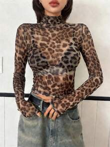DAZY 女士网眼豹纹长袖T恤 夏季图案T恤 - 棕色 - 查看 3