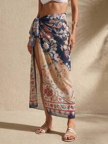 Swim Vcay 女士雪纺裹身裙，半身大披肩休闲海滩度假风雪纺印花 - 藏蓝色 - 查看 1