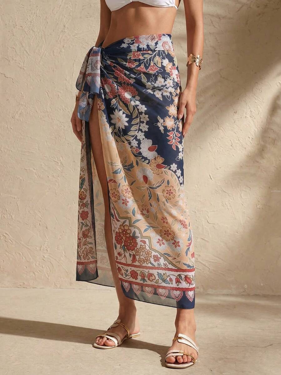 Swim Vcay 女士雪纺裹身裙，半身大披肩休闲海滩度假风雪纺印花 - 藏蓝色 - 查看 1