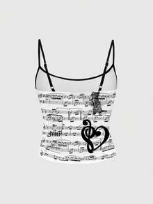 ROMWE Kawaii Women's Casual Versatile Daily Wear Musical Note Print Camisole Top - Black - View 2