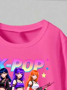 2026春夏新款时尚少女两件套，休闲时尚春夏T恤和打底裤套装，卡通图案T恤，圆领，舒适时尚休闲套装 - 黑色 - 查看 4