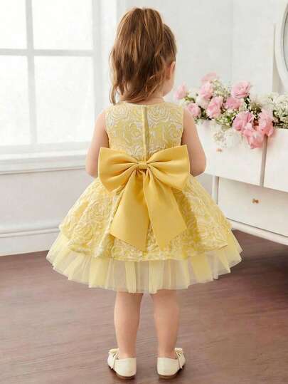 Glamorique Kids Baby Girl Pink Jacquard Fabric Dress With Trailing Skirt, Bow Decor On Back, Suitable For Birthday Party, Wedding Guest, Holiday