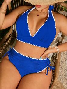 SHEIN Swim Curve 大码女士性感比基尼两件套泳衣，特殊面料花卉饰边，沙滩派对度假泳装 - 寶藍色 - 查看 4