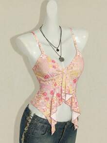 SHEIN ICON 休闲简约度假波西米亚风优雅浪漫复古粉色碎花图案，适合音乐节、海滩装扮、度假装扮，女士夏季吊带背心 - 彩色 - 查看 3