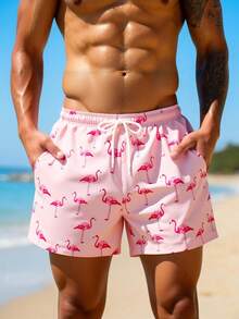 Manfinity KASUA Men's Flamingo All-Over Print Loose Drawstring Waist Summer Beach Shorts, Holiday - Coral Pink - View 5
