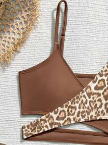 Set de 3 piezas Traje de baño para niñas preadolescentes con falda de malla con estampado aleatorio - Multicolor - Ver 5