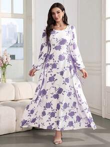 Al Najma Round Neck Lantern Sleeve Side Drawstring Dual-Color Print Dress - Purple - View 4