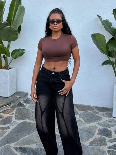 Tyla Gomez Tricou de damă casual, culoare solidă, cu guler rotund, mânecă scurtă, croit, potrivit pentru vară