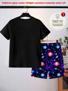 男童夜光宇航员火箭印花睡衣套装，2件套 - 贴身睡衣（需紫外线照射） - 黑色 - 查看 2