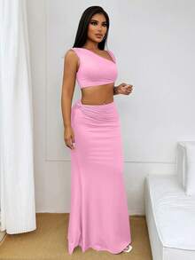 Zolique Women's Clothing Sumeer Clean Fits Solid Asymmetrical Neck Crop Top & Mermaid Hem Skirt Grey Design Sense 2 Pieces Set - Pink - View 5
