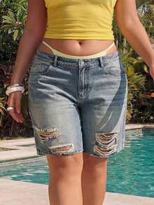 ROMWE Summer Outfits Plus Size Women Elastic Waist Floral Print Straight Leg Denim Shorts, Vacation Style - Blue - View 7