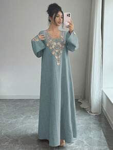 Yasmyna Women's Square Neck Long Sleeve Loose Textured Sequins Embroidered Floral Applique Romantic Elegant Arabic Style Dress - Dusty Blue - View 3