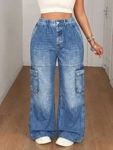 Maweii Pantalones sueltos de estilo callejero retro minimalista y estampados de manera casual - Azul - Ver 4