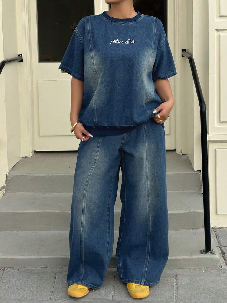 Dazy Plus Plus Size Women 2-Piece Set, Letter Embroidery Washed Dark Blue Loose Long Sleeve Top And Pants, Spring/Autumn