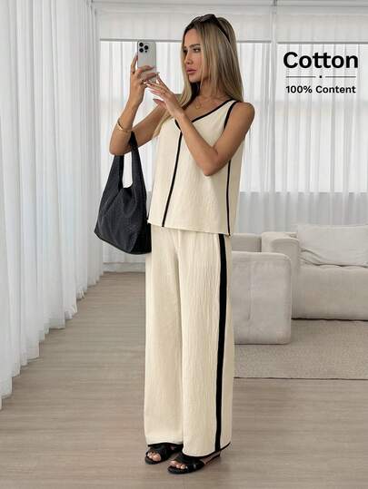 Easowa Summer Casual Contrast Color Trim Tank Top And Pants Set