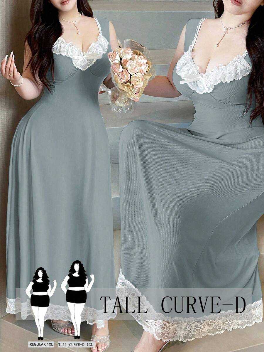 SHEIN Tall CURVE Plus Size Square Neck Diamond Ribbed Contrast Ruffle Cap Sleeve Dress - Grey - View 1
