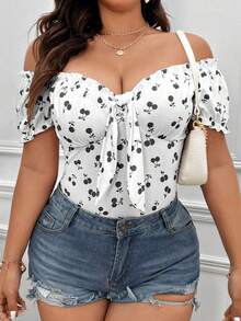 Sunnyshic 樱桃条纹加大码露肩短袖T恤 - 黑與白 - 查看 6