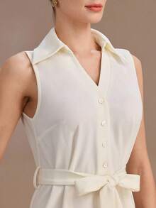 Uhlyne Women's Fashionable New Luxury High-End Apricot Sleeveless Lapel Button Design Waist Belt Slimming Elegant Versatile Commute Party Street Elegant Mid-Length Dress - Apricot - View 3