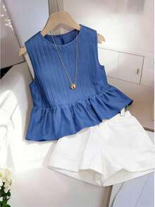 INAWLY Plus Size Women Casual Solid Color Ribbed Knit Tank Top And Denim-Look Shorts 2 Pieces Set - Royal Blue - View 5
