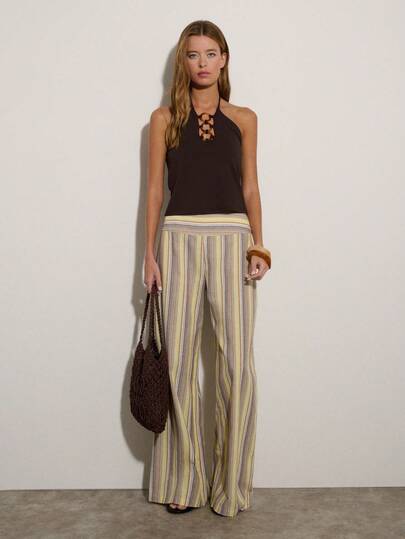 Nöista Quần ống rộng kẻ sọc như vải lanh với cạp quần lưng vừa phải, hoàn hảo cho những buổi tối đi chơi, kỳ nghỉ, và mặc hàng ngày, lễ hội, ngày nghỉ hè, tiệc tùng, hẹn hò, hoặc buổi tối nghỉ mát, trang phục hàng ngày, kỳ nghỉ, mùa xuân, lễ hội âm nhạc, ngày đi biển.