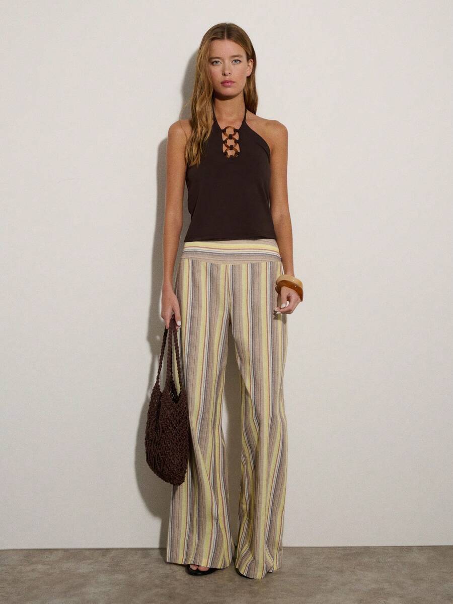 Nöista Quần ống rộng kẻ sọc như vải lanh với cạp quần lưng vừa phải, hoàn hảo cho những buổi tối đi chơi, kỳ nghỉ, và mặc hàng ngày, lễ hội, ngày nghỉ hè, tiệc tùng, hẹn hò, hoặc buổi tối nghỉ mát, trang phục hàng ngày, kỳ nghỉ, mùa xuân, lễ hội âm nhạc, ngày đi biển. - Màu vàng - Xem 1