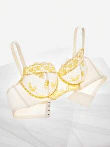 LUVLETTE Breathable Unlined Lace Elegance Push-Up Balconette Corset Lingerie Lounge Curve Yellow & White Floral Minimizer Bridal Bra As Outerwear Wedding - Beige - View 9