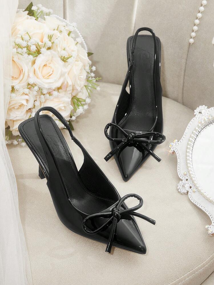 CUCCOO CHICEST Elegant Pointed Toe Bowknot High Heel Pumps, Classic Black PU/Patent Leather Hollow Out Design Lady's Formal Party, Dating, Valentine's Day, New Year Event, Office Wear Shoes Summer Shoes Summer Break Easter Prom Heels For Christmas Elegant Shoes Wedding Shoes Summer Shoes Bride Shoes