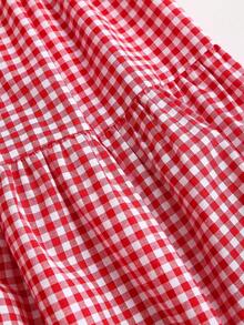 Sweetra 美式学院风红色复古格子短袖露背系带修身夏季简约纯少女休闲迷你连衣裙 - 紅色 - 查看 4