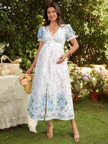 SHEIN Fashionable V-Neck Short Sleeve Flared Maternity Dress - White - View 6