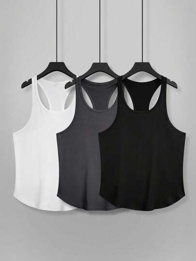 Manfinity Homme Plus Size Men's Tank Top, Black/White/Gray, Curved Hem Design, All-Match Color Casual Versatile Tank Tops Gym Tank Tops Pack Tank Tops  Plain TopsSummer Tank Tops