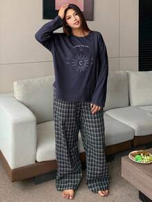 Dazy Plus 两件套印花宽松圆领长袖上衣和格子裤睡衣套装 - 藏蓝色 - 查看 4