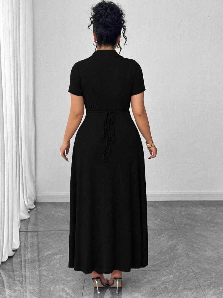Elenzga 大码女式针织短袖通勤简约Polo领收腰纽扣设计棕色连衣裙 - 黑色 - 查看 2