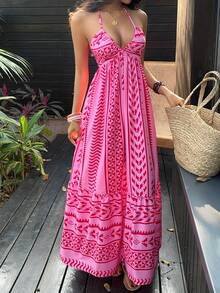 SHEIN PETITE Đầm dài buộc nơ cổ yếm in họa tiết boho đa năng dành cho nữ, thích hợp cho kỳ nghỉ hè. - Nhiều màu - Xem 4