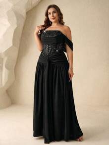 Coutiva Plus Size Sequin Patchwork Off-Shoulder Formal Evening Gown Plus Size Off Shoulder Evening Gown Sequin Corset Formal Maxi Dress Elegant Ruched Waist Banquet Dress Off Shoulder Bardot Neckline Sparkle Sequin Embroidered Bodice High Waist A Line Silhouette Formal Evening Banquet Wedding Reception Party Elegant Sophisticated Classic Solid Black - Black - View 8